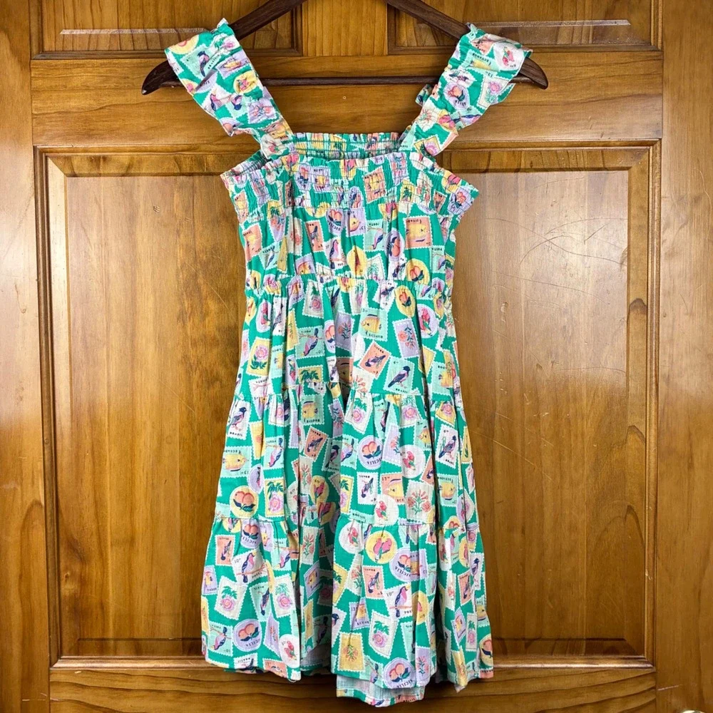 Copper Key Girls Med 10/12 Green Postage Stamp Smocked Tiered Dress Linen Blend
